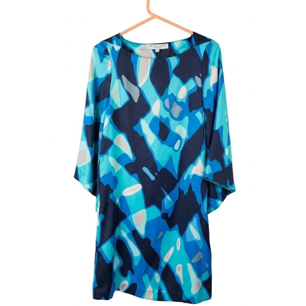 Trina Turk 100% Silk Abstract Shift Dress Size 0 Blue Aqua Bell Sleeve M - Picture 4 of 6